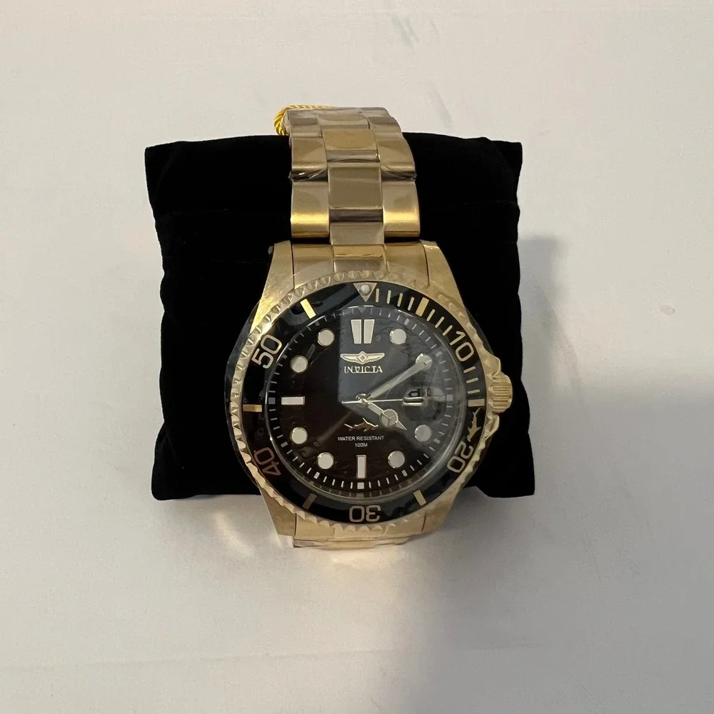 Invicta Pro Diver Gold Tone‎ Stainless Steel Black Dial Watch 100M New